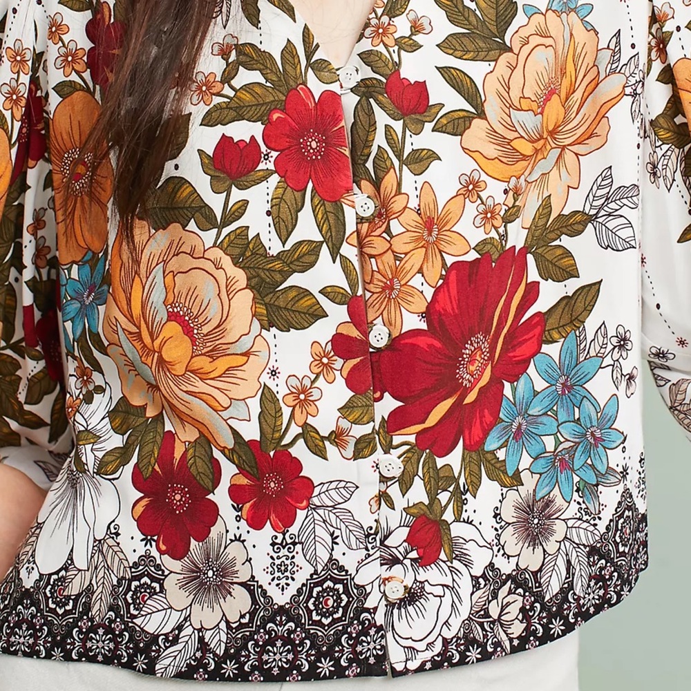 NWT Farm Rio Anthropologie Floral Blouse White Red Green Size S Small - Picture 5 of 7